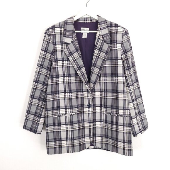 Vintage Grey Plaid Single Button Blazer Made in USA - Picture 1 of 7